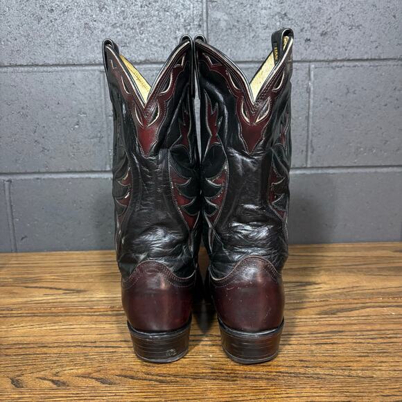 Vintage Dan Post Western Cowboy Boots 10.5 D Black Burgundy Leather Made in USA - Picture 4 of 8